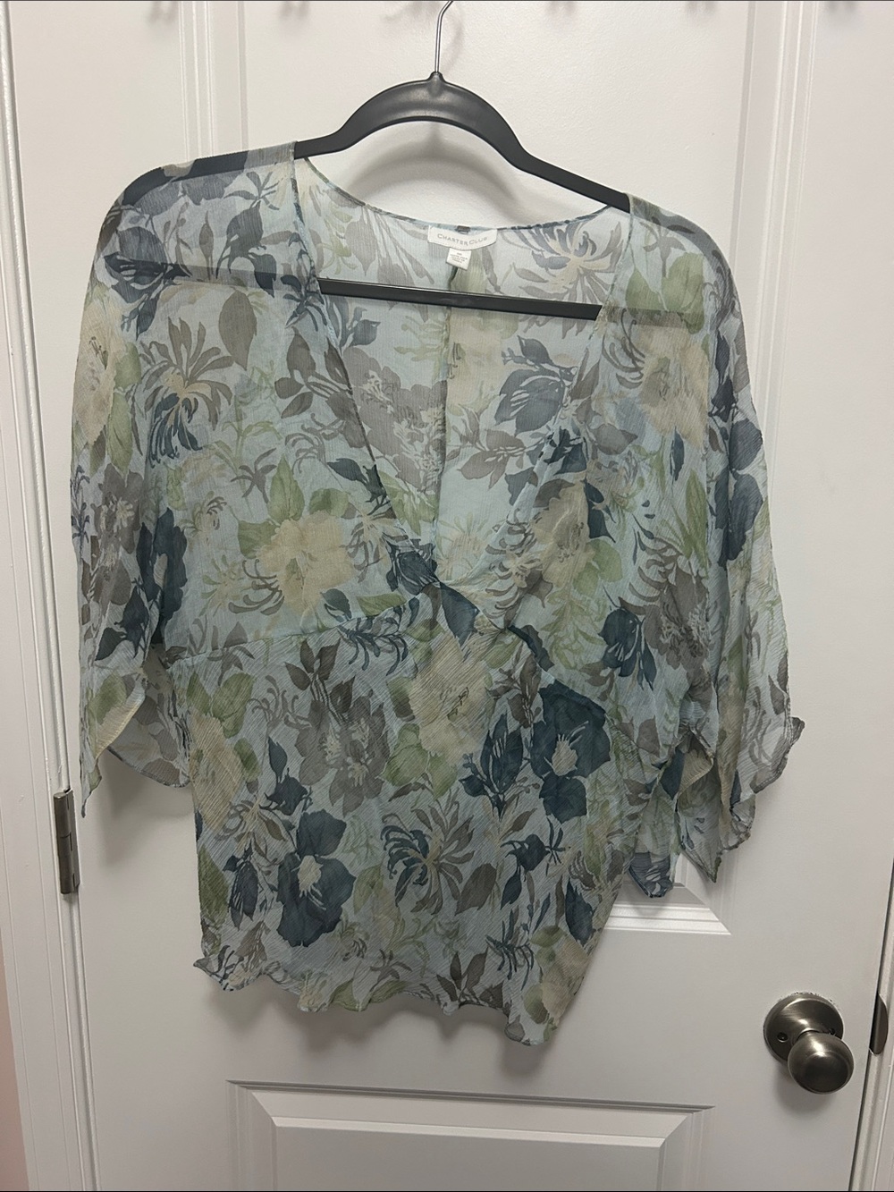 Charter Club Sheer Floral V-Neck Blouse in Blue and Green